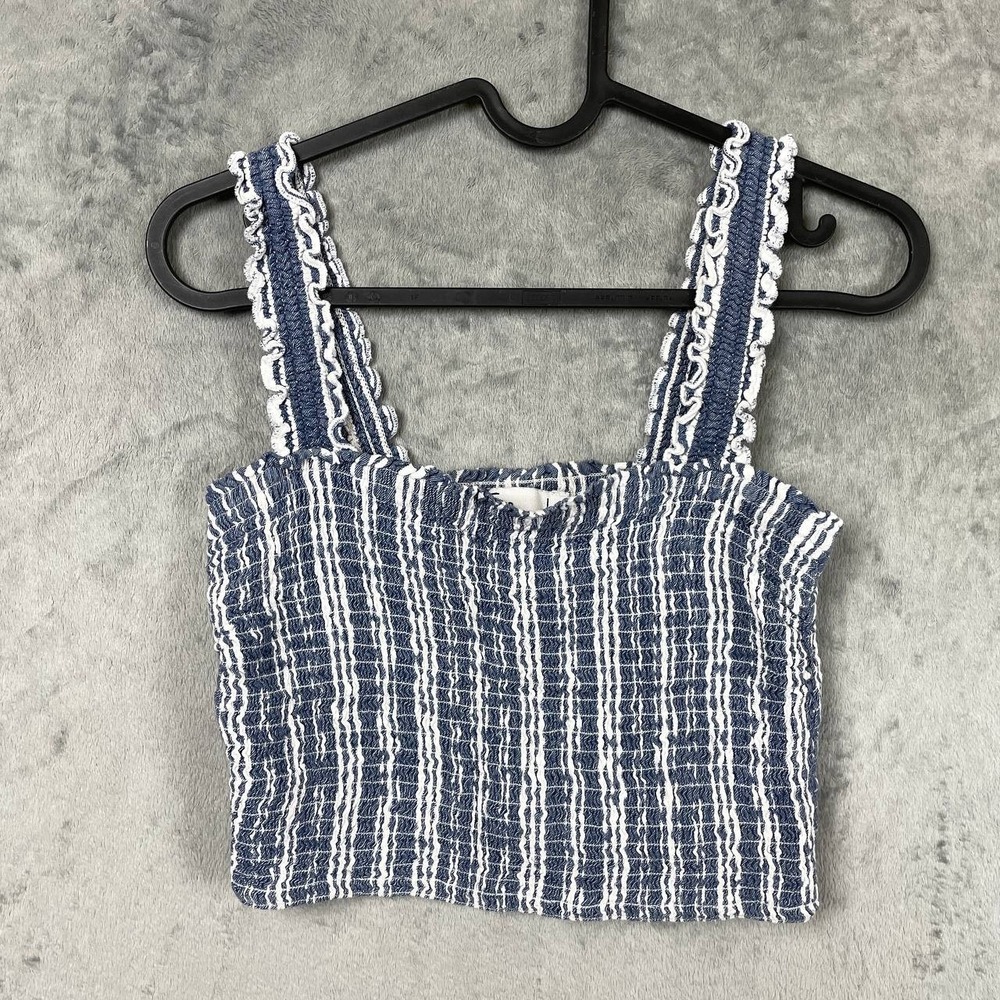 Blue White Striped Smocked Crop Tank Top Large Ruffle Strap Cami